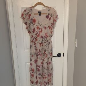 Elegant Floral Midi Dress in Cream and Pink
